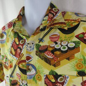Johnny Cotton Hawaiian Shirt Mens L Sushi Chopsticks Yellow 100% Cotton Novelty